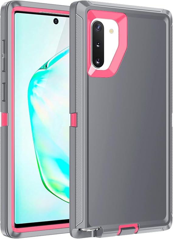 Galaxy Note 10 Plus用ケース、耐衝撃、落下防止、防塵、3層フルボディ保護ヘビーデューティーハードカバーケース、Galaxy Note 10 Plus用、グレー/ピンク