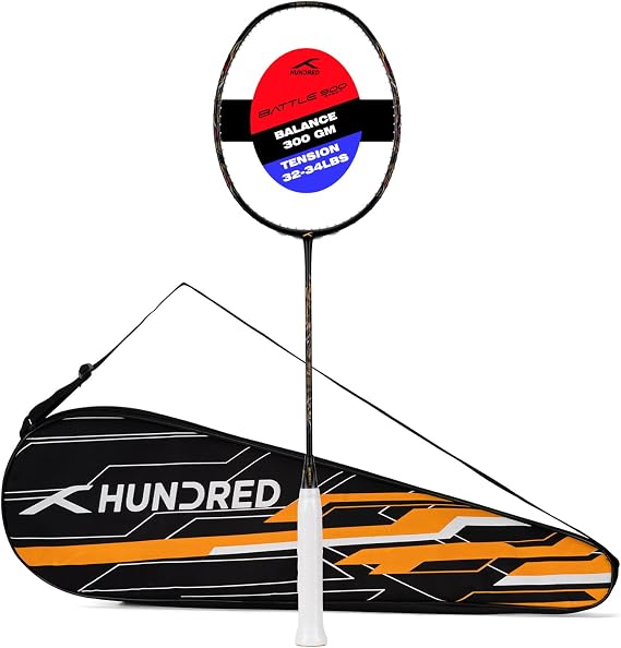 HUNDRED Battle 900 Badminton Racket | Material: Carbon Fibre | Max Tension 32lbs | Lightweight | Flexible Shaft | 290mm Balance Point | Intermediate Level | Full Cover Included