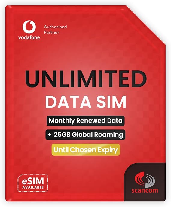 Vodafone Global Data SIM - 25GB Europe & USA Roaming + Unlimited UK Data - Preloaded for 1 Month - 1 Working Day Activation - For Phones & WiFi Routers