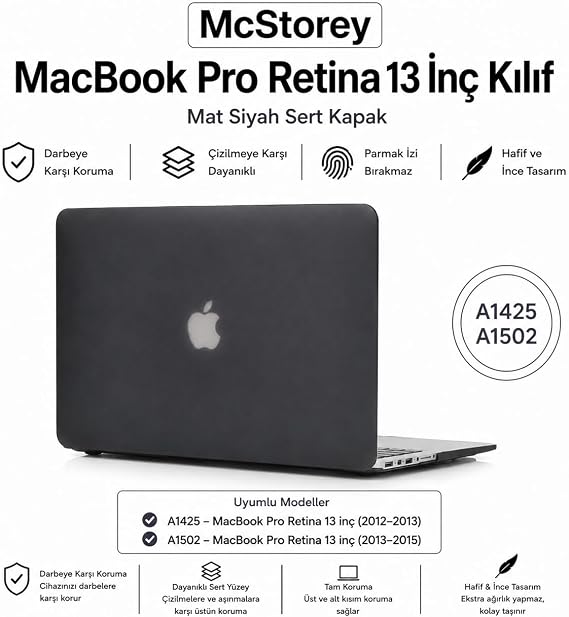 McStorey MacBook Pro 13 İnç Kılıf A1425 A1502 Uyumlu Sert Kapak Hard Case Koruyucu Retina 13 İnç Laptop Kılıfı Çizilme ve Darbelere Dayanıklı İnce Hafif Tam Korumalı Kapak Siyah