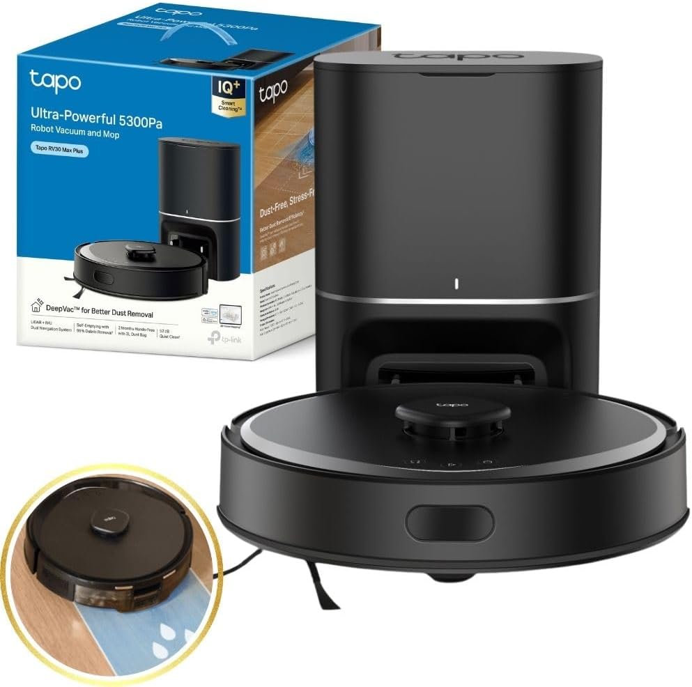 Tapo RV30 Max Plus 5300Pa Robot Vacuum Cleaner with Mop, LiDARIMU Dual Navigation, 5300Pa Hyper Suction, Auto-Empty, Robot Hoover, Auto-Charging Robotic Vacuums, Alexa & Google