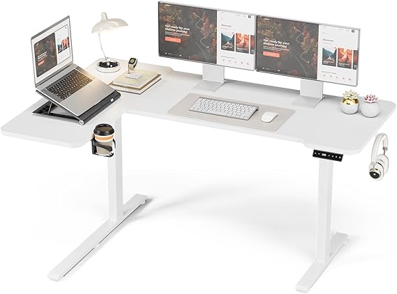 Acrolix L Shaped Standing Desk 59 inch Electric Height Adjustable Desk, Reversible Study Writing Gaming Computer Desks with Splice Board, Sit Stand Table for Home Office, White