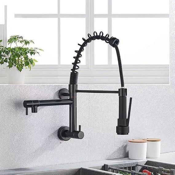Black Spring Wall Mount Kitchen Mixer Tap Dual Handle Pull Out Spray Faucet Brass Sink Mixer for Modern Kitchens Stylish and Functional Kitchen Upgrade