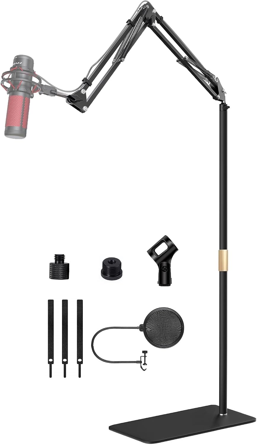 Microphone Floor Stand for Blue Yeti, Nano, Snowball, HyperX,Razer,Logitech USB and Condenser Mic,Adjustable Boom Arm Stand with 14'' Thread and 38" 58" Adapter, Pop Filter, Mic Clip, Cable Ties
