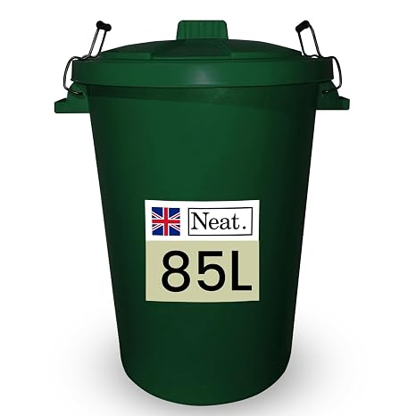 Neat. Extra Large Plastic Dustbin with Clip Locking Lid - Heavy Duty Garden Bin for Rubbish, Recycling, Animal Feed, and Storage, 85 Litre, Green, Pack of 1