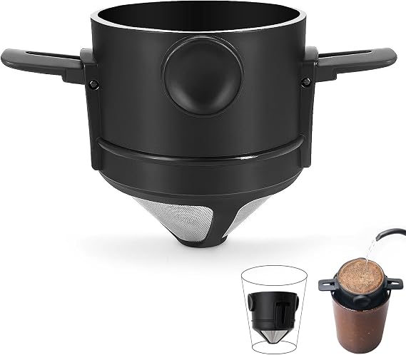 Reusable Pour Over Coffee Dripper, Portable Stainless Steel Cone Coffee Filter with Collapsible Holders, Paperless Coffee Maker 1-2 Cup for Home, Office and Travel Camping (Black)