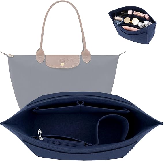 Bag Wallet Insert Organizer, Multi-Pocket Felt Tote for Inserting Wallet, Folding Tote Bag Organizer Insert for Longchamp (BLUE, L)