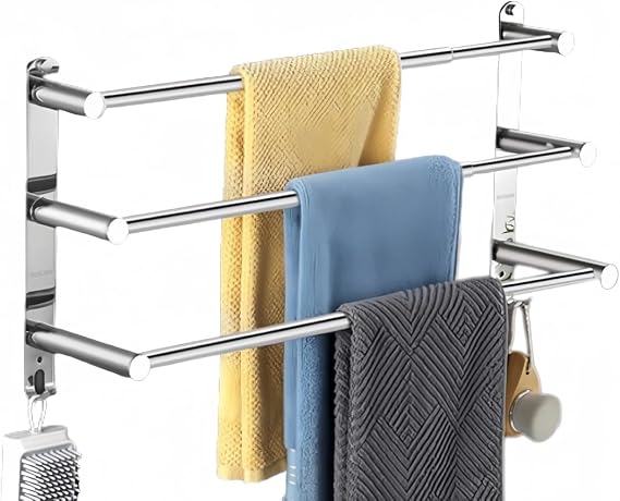 Towel Rail, Wall Mounted 3-Tier Bath Towel Rack, SUS 304 Stainless Steel Towel Rack with Hooks, 2 Installation Methods Suitable for Bathroom, Kitchen, Office Adjustable Towel Racks-43-75cm