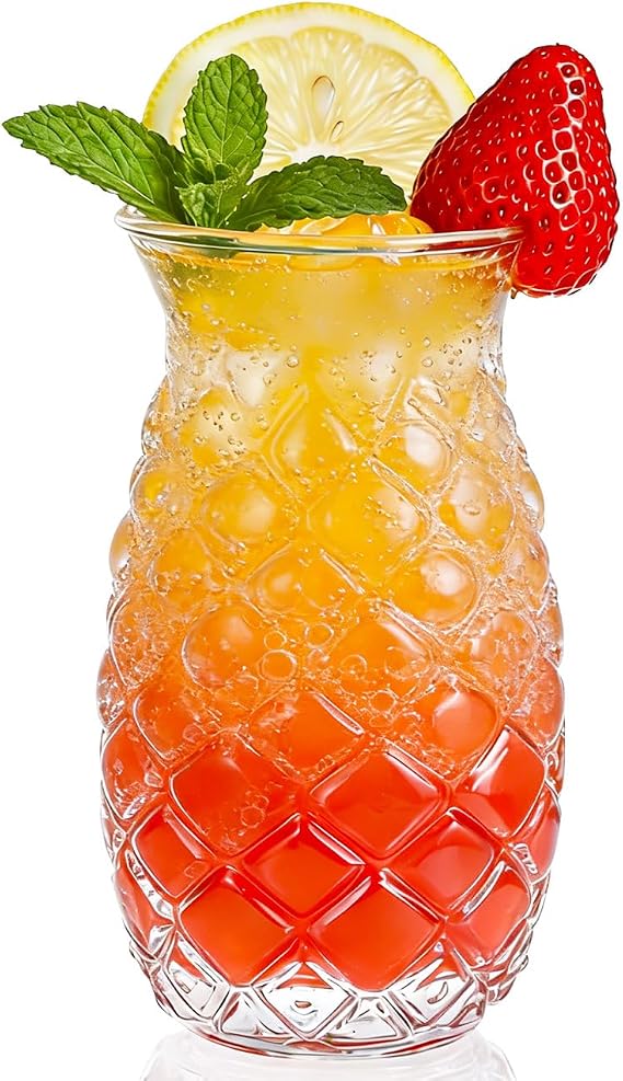 NUOBESTY Pineapple Cocktail Glass, 16 Oz Textured Pina Colada Cup Tropical Tiki Style Clear Pineapple Cup for Cocktails, Juice, Mocktails, Home Bar, Summer Party