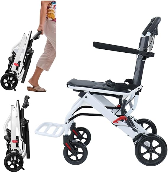 Ultra Lightweight Elderly Transport Wheelchair Weighs only 18lb. Portable Lightweight Folding Transport Chair, with Adjustable Safety Strap Carbon Steel Frame PU Wheels, Supports 90kg (S)