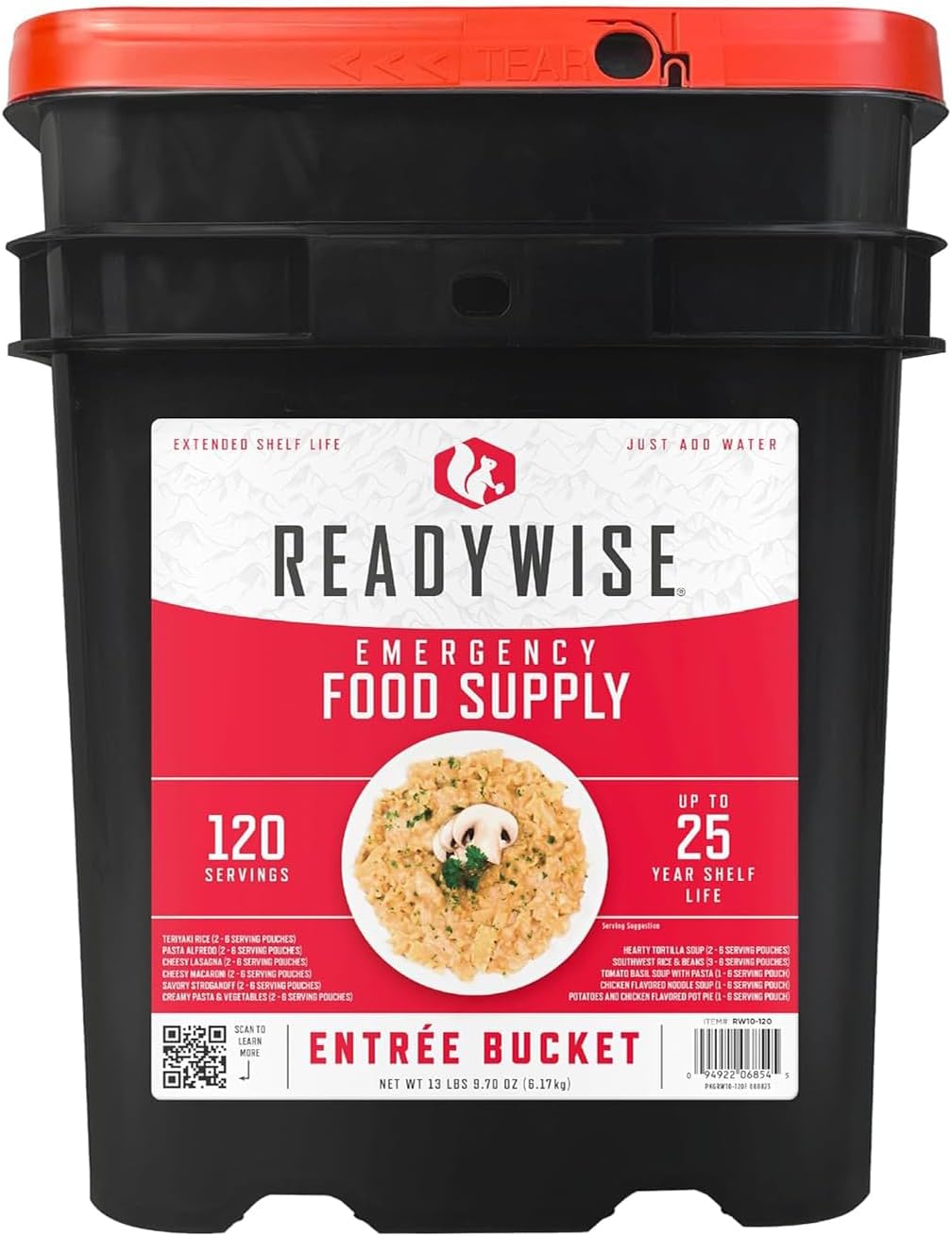 ReadyWise, 120 Servings, Lunch & Dinner Only, 13 Different Recipes, Takeaway Bucket, Freeze-Dried, Up to 25 Years Shelf Life, 7 Days for 2 People
