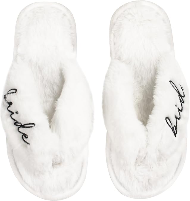 JUSTOTRY Bride Slippers for Hen Do Accessories and Bride to Be Gifts,White Furry Warm Cozy Bridal Slippers with “BRIDE” Lettering