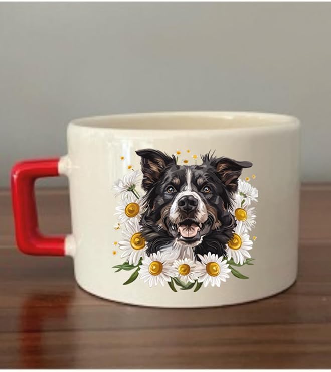 Çiçekli Köpek Temalı Fincan Kupa Bardak - Seramik Çay Kahve Hediyelik Bardağı Krem Rengi, LH372896429