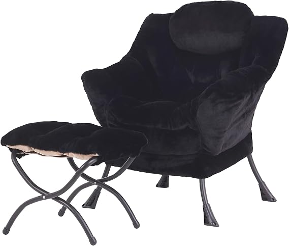 Armchair with Ottoman, Comfy Upholstered Lounge Reading Chair with Side Pocket and Armrests, Modern Bedroom Lazy Chair and Footstool Set for Living Room, Black