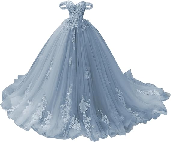 Women's Evening Dress Off Shoulder Long Lace Tulle Party Dress Princess Sweetheart Neck Dirty blue