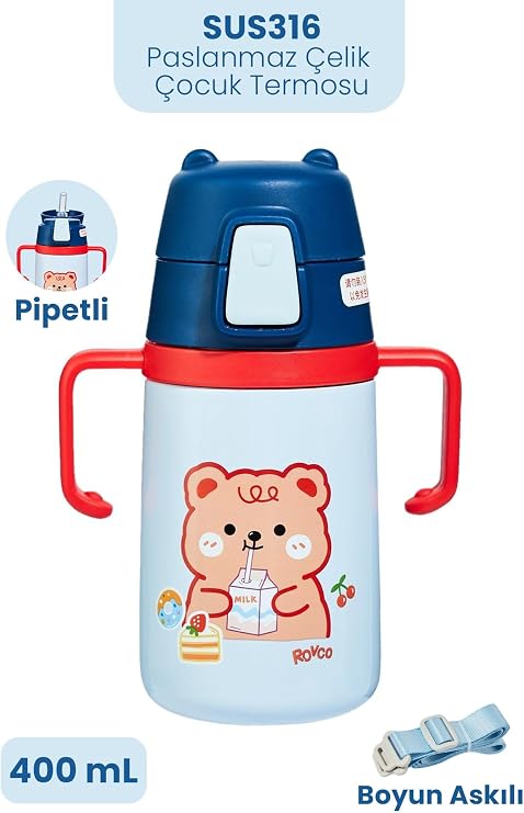400 ML 316L Paslanmaz Çelik Pipetli Çocuk Termosu Taşıma Kulplu Askılı Çift Duvar -FFR400ML4011 Lacivert