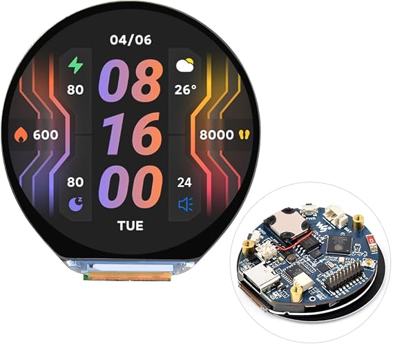 Waveshare ESP32-S3 3.71インチラウンドディスプレイ開発ボード、412×412、Wi-Fi&BLT対応、加速度計とジャイロスコープセンサー、オンボードスピーカーとマイク、保護カバーガラスなし
