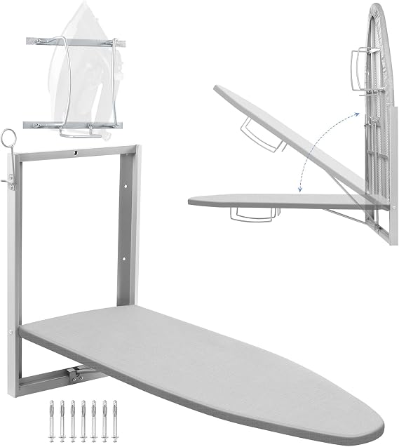 Wall Mounted Ironing Board with Iron Holder, 180° Rotatable Foldable Sturdy Ironing Station with Removable Cotton Fabric Cover, Compact Mount Fold Down Iron Board, Space Saving, 92 x 31 cm