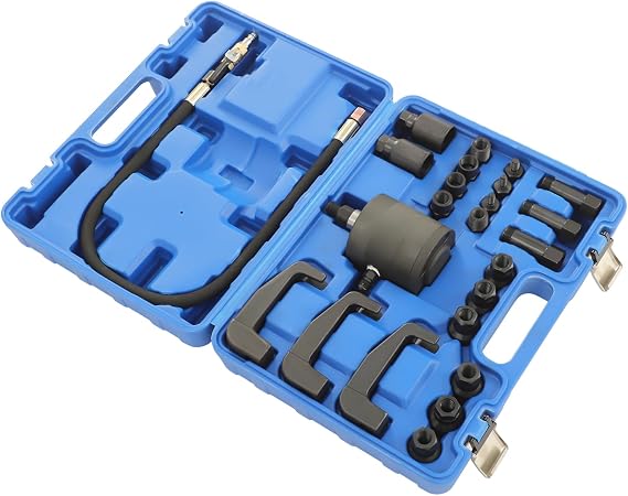Pneumatic Injector Puller Set, 24-Piece, made of Carbon Steel, with 1 Pneumatic Hammer, 1 Hose, 3 Puller Hooks and 19 Adapters, Diesel Injector Puller