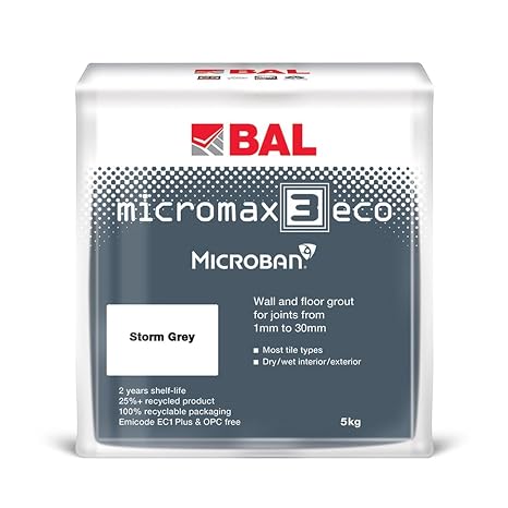 Bal Micromax3 Eco Grout Wall & Floor Grout, Rapid Set, Antimicrobial, Suitable For Interior & Exterior 5KG Bag - Storm Grey