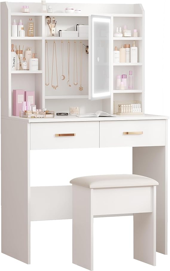 Dressing Table with Mirror and Stool: Vanity Desk with Mirror and Drawers