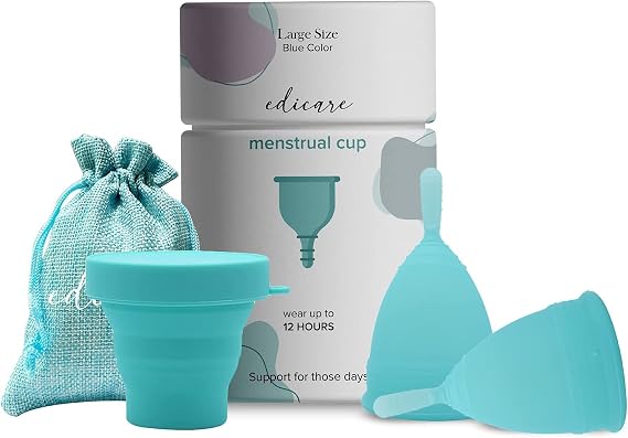 Edicare, Menstrual Cup, Includes Two Cups, 1 Sterilizer and a Carry Bag, Medical Grade Silicone, Soft, Reusable and Washable 100% Safe (L)