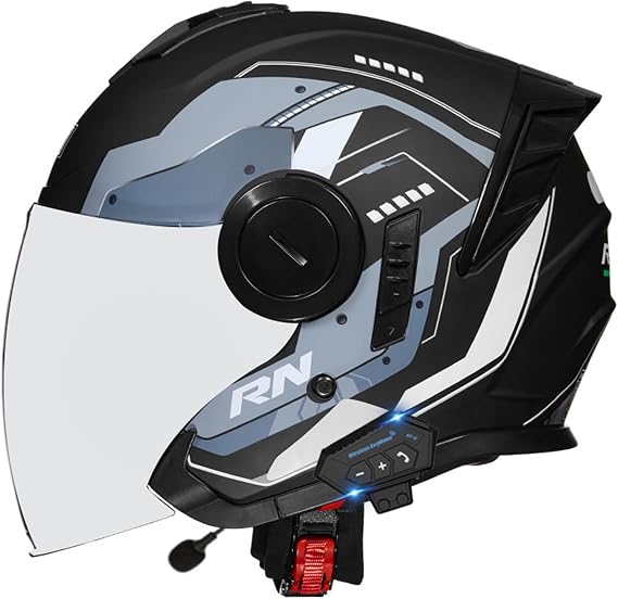 Vintage Style Motorcycle Helmet With Bluetooth Open Face Helmet With Double Sun Visor 3/4 Half Face Motorbike Crash Helmet DOTECE Approved Scooter Cruiser For Adults Men Women(18,2XL=63~64cm)