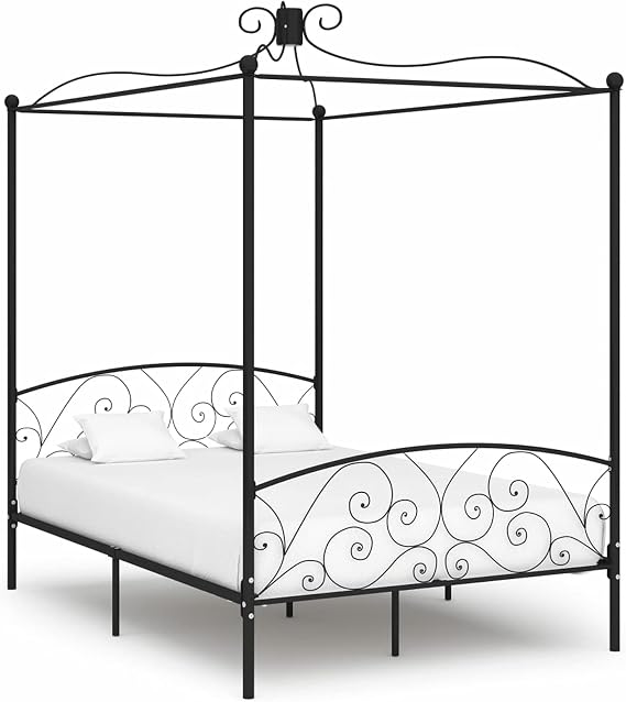 120x200 cm Black Metal 4 Poster Canopy Bed Frame with Storage Underneath - Double Size - Classic Style