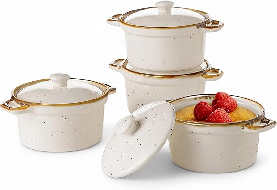 ONEMORE Ramekins Set of 4, 170ml - Oven/Microwave/Dishwasher Safe Ceramic Cocotte for Individual Serving - Rustic Speckled, Glossy Glazed - Cream White