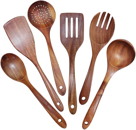 Wooden Utensils Set of 6, Large Kitchen Cooking Utensil for Non Stick Cookware, Natural Teak Wood Spoons Spatula Ladle Colander, Durable Seamless Kitchen Tools