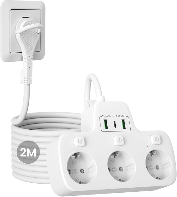 Flat Plug Socket Strip Individually Switchable 3-Way Multiple Socket