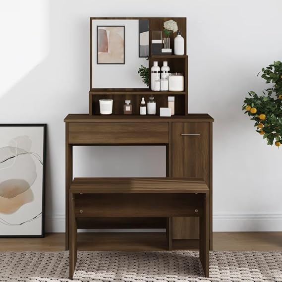 Brown Oak Dressing Table with Mirror, 86.5x35x136 cm Makeup Vanity Desk, Ample Storage Vanity Table for Bedroom, Engineered Wood