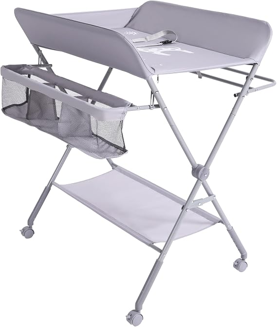 KARAOK Foldable Changing Table with Wheels | Baby Changing Station with 4-Level Adjustable Height | Portable Diaper Changing Station with Large Organizers & Storage Racks for Newborn & Infant