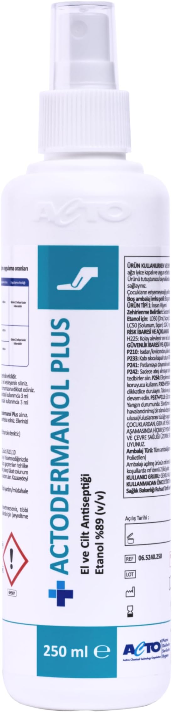 ACTODERMANOL® PLUS 250 ml – El ve Cilt Antiseptiği |%89 Etanol (v/v) İçerikli Hızlı Etkili Dezenfektan | Zararlı Mikroorganizmalara Karşı Etkin Koruma | Cilt Dostu, Hızlı Kuruyan Formül