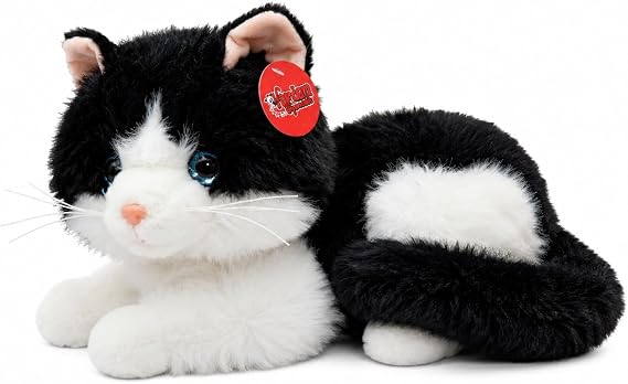 VARDEM 36 cm Peluş Sesli Kedi Oyuncak, 4 Asorti Renk Seçenekli Yumuşak Kedi Peluşu, Ses Efektli Çocuk Oyuncağı, Sarılmalık Uyku Arkadaşı ve Hediye Peluş Kedi PJH14473 (SİYAH-BEYAZ)