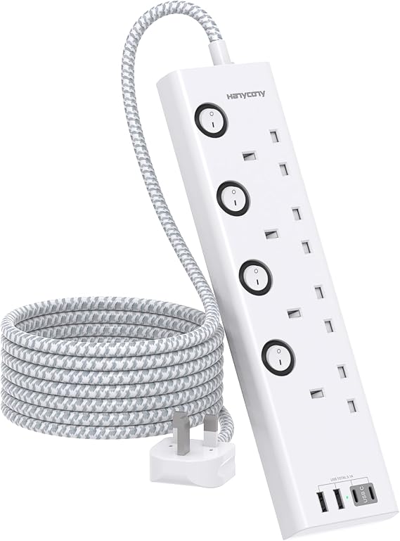 Extension Lead with USB Slots(2 USB C), 4 Way Plug Extension Socket, 1.8M