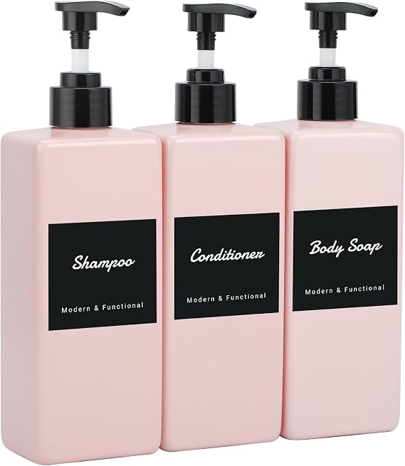 Segus Hand Soap Dispenser, 3 Pieces 500ml Soap Dispenser Kitchen, Empty Shampoo Bottles, Shower Dispensers with Labels, Plastic Dispenser Bottle with Pump, Bathroom Dispenser Set (Pink)
