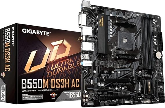 GIGABYTE B550M DS3H AC Motherboard, AMD AM4 Ryzen 5000 Processor, Micro-ATX, DDR4, Dual M.2, SATA 6Gb/s, Intel 802.11a/b/g/n/ac, Realtek GbE LAN, PCIe 4.0