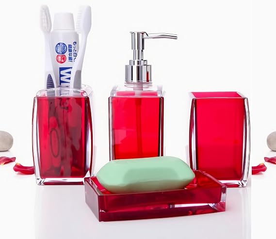 Bathroom Accessories Set,Soap Dispenser,Soap Dish,Toothbrush Holder, Tumbler, Acrylic Bathroom Accessories Set Complete, Modern Bathroom Décor, Gift for Home (RED-4PCS)
