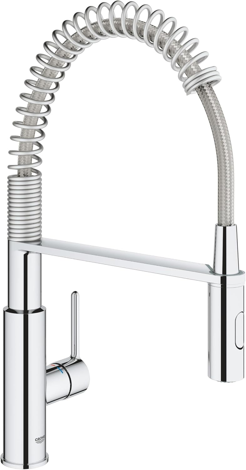 GROHE Get - Kitchen Sink Tap Single-Lever Mixer with Professional Spray 1-Hole Installation, 28 mm Ceramic Cartridge, Swivel Spout 360°, Inlet Tails 38 Inch, Size 455 mm, Chrome, 30361000