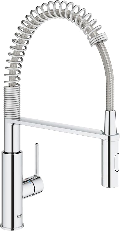 GROHE Get - Kitchen Sink Tap Single-Lever Mixer with Professional Spray (1-Hole Installation, 28 mm Ceramic Cartridge, Swivel Spout 360°, Inlet Tails 3/8 Inch), Size 455 mm, Chrome, 30361000