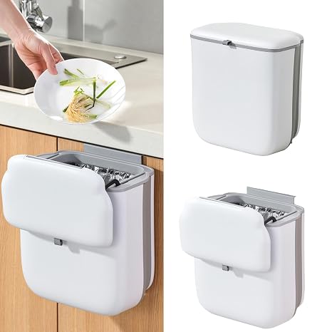 Foldable Hanging Trash Bin with Lid, 10L Hanging Trash Can, Rubbish Bin Kitchen Compost Bins Rubbish Compost Caddy Wall Mounted for Under Sink Cupboard Door Cabinet Motorhome(White)