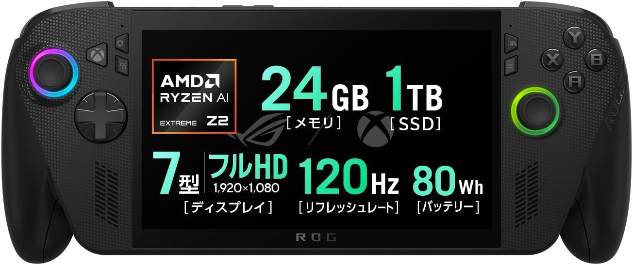 ASUS Gaming PC ROG Xbox Ally X RC73XA 7-Inch Ryzen AI Z2 Extreme Memory 24GB SSD 1TB Refresh Rate 120Hz Windows 11 Battery Life 22.3 Hours Portable Weight 1.58 lbs Black RC73XA-Z2E24G1T
