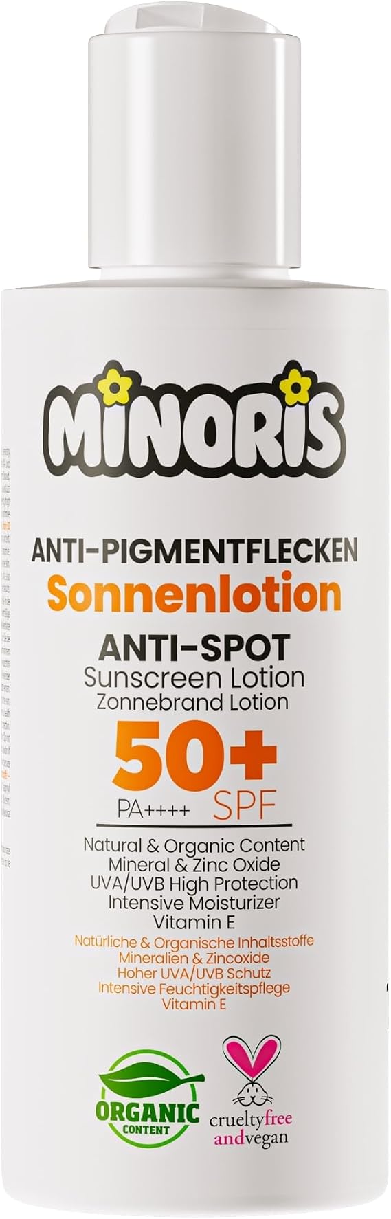 Minoris Leke Karşıtı Güneş Kremi Losyonu SPF 50+, Organik, Doğal & Mineral İçerikli, Hassas Ciltler İçin, Hipoalerjenik, Vegan, Suya Dayanıklı, Geniş Spektrumlu, Makyaj Bazı Olarak Uygun,