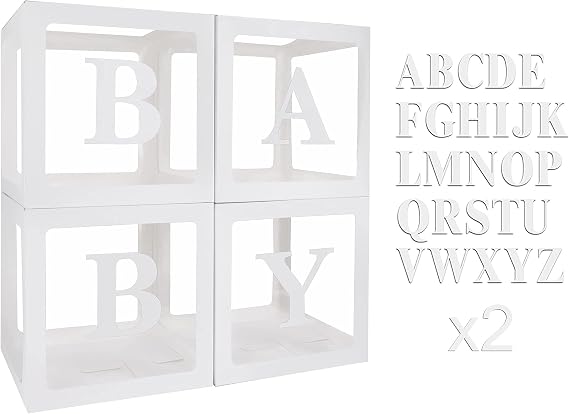 Balloon Boxes Decorations for Baby Shower - 4 Clear Boxes with 52 Letters A-Z, Baby Shower, Gender, Birthday Party, Jungle Theme Decorations