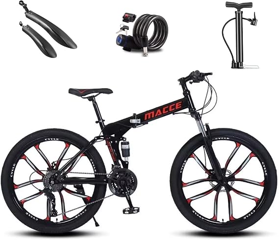 Folding Mountain Bike, Folding Bicycle, 26 inches, 21 Speed Shifter, City Riding, Commuting, Street Driving, Wild Crossing, School Commute, Mudguard Included, Wire Lock Included, Air Pump, Lightweight Aluminum Frame, Ultra Carbon Steel Frame, Front and Rear Disc Brakes, Front and Rear Fenders, Men, Women, Beginners