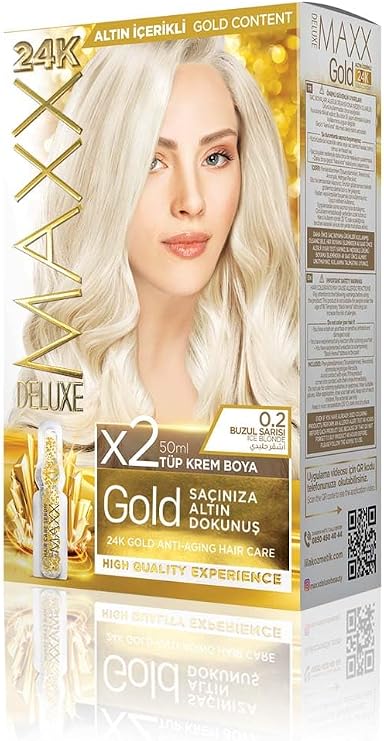 MAXX DELUXE Gold serisi 24K Altın Parçacıklı Serum ile 1 Kutu 2 x 50 ml ve Geliştiriciler Saç Boyası (BUZUL SARISI 0.2)