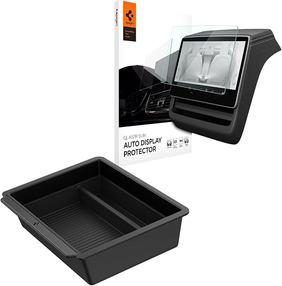 Spigen Tesla Bundle - Screen Protector & Centre Console Organiser Tray for Tesla Model Y Juniper 2025-2026 (Only Premium, Performance) and Model 3 Highland 2024-2026 (Only Premium, Performance)