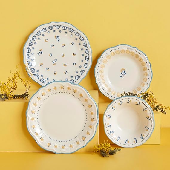 BELLA MAISON Mabel Desenli%100 Stoneware Yemek Takımı, Mavi, 6 Kişilik (6 Adet Yemek Tabağı: 21.5 cm / 6 Adet Pasta Tabağı: 20.5 cm / 6 Adet Çorba Kasesi: 15.5 cm / 6 Adet Servis Tabağı: 25.5 cm)