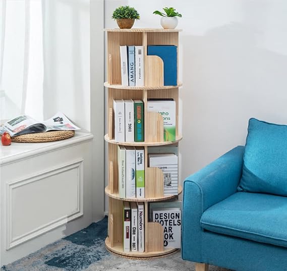 Heehee Rotating Bookshelf 360 Display 4 Tier Floor Standing Bookcase Storage Rack for Kids&Adults Solid Wood Bookshelf Organizer